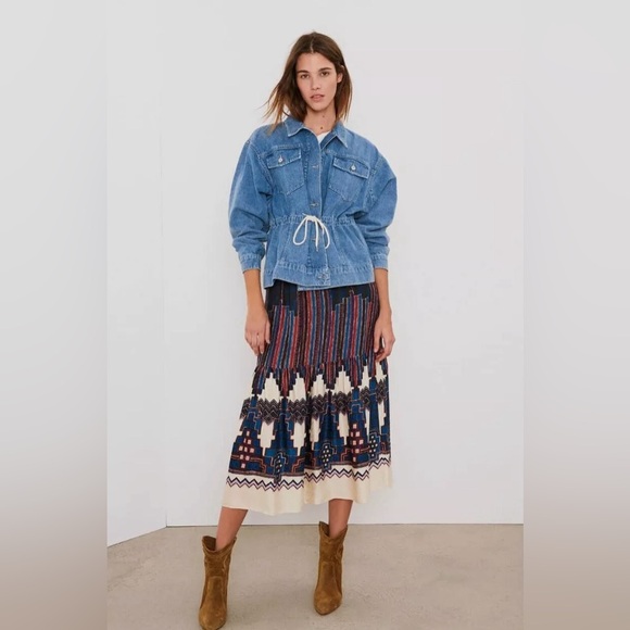 BA&SH Maris Geometric-Print High-Waist Jacquard Midi Skirt Bleu - Picture 1 of 6